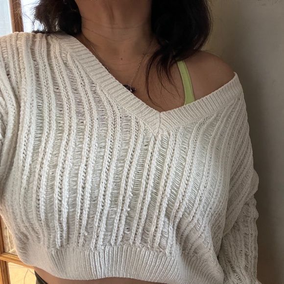 Oversized Cropped Ivory Crochet Knit Sweater Plush Top Off Shoulder Kawaii Comfy - Picture 1 of 9